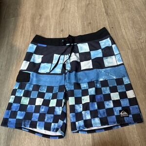 VTG Y2K Quiksilver Mens Swim Surf Board Shorts Checkered Logo Blue Drawstring 38